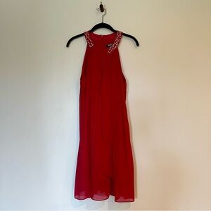 Nordstrom SLNY Red Ruffle Chiffon Halter Dress with Jeweled Neckline
